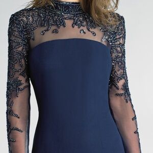 Basix Black Label Beaded Long-Sleeve Formal Gown Navy Sz 4 Perfect! Cleaned $695